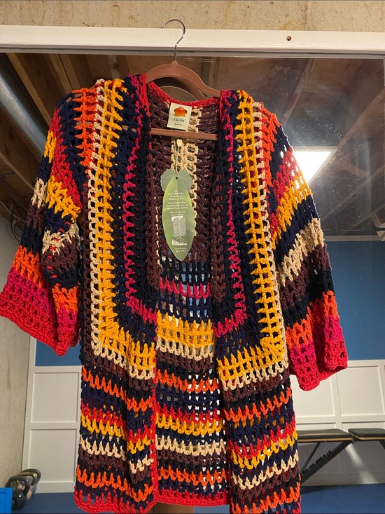 FARM Rio Sweaters - Farm Rio Multicolor Crochet Open Cardigan - Vibrant Stripes